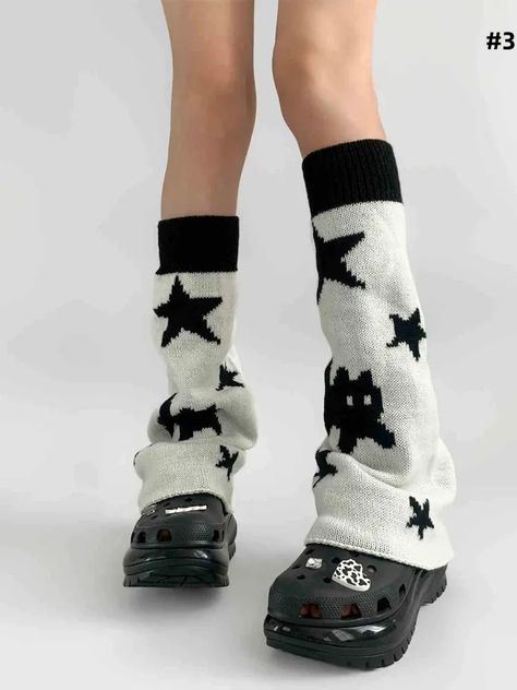 Flared Leg Warmers, Black And White Kitty, Lace Leg Warmers, Knitted Leg Warmers, E Girl Outfits, Steampunk Fashion Male, Dress Design Sketches, Emo Fashion, Star Pattern