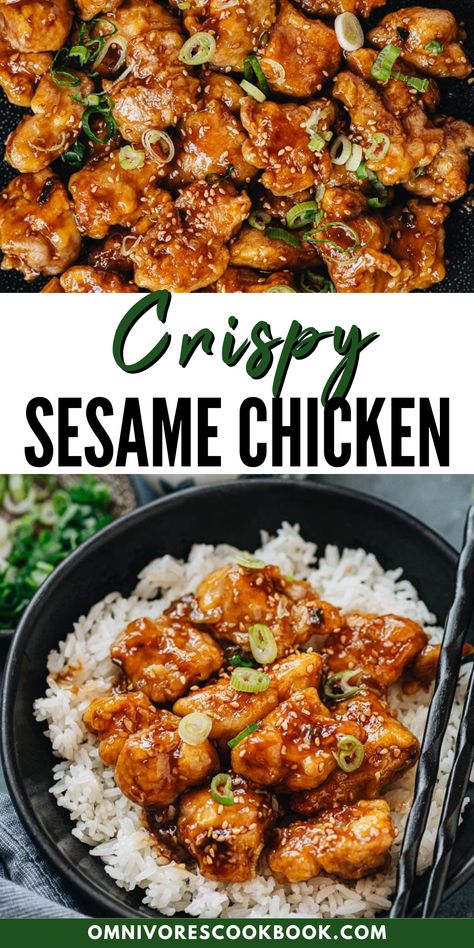 Learn how to make this better-than-takeout Crispy Sesame Chicken! My recipe shows you how to make restaurant-style crispy sesame chicken without a ton of sugar or deep frying. This will soon become a family favorite for busy weeknight dinners. Sesame Seed Chicken Recipe, Chicken And Rice Recipes Chinese, Japanese Chicken Recipes, Crispy Sesame Chicken Recipe, Chicken Delight Recipe, Chicken Stir Fry Recipes, Healthy Chinese Food, Asian Style Chicken, Asian Chicken Thighs