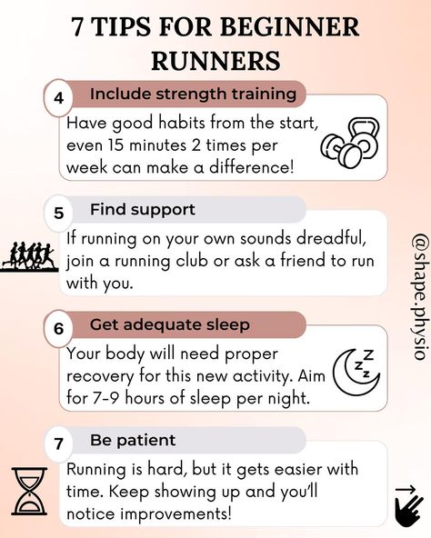 Are you new to running? 🏃🏽‍♀️ *** Here are 7 tips that can help any runner that is just getting started: 1. Progress slowly 2. Include a warm-up and a cool-down 3. Stay consistent 4. Include strength training 5. Find support/community 6. Get proper sleep 7. Be patient *** Follow @shape.physio for more running tips on how to become a better and healthier runner. ✨ Share with a friend who might like these running tips. 🏃‍♀️ . . . . . #runningtips #runninglife #running #runningworld #physi... How To Become A Runner, Benefits Of Running For Women, Becoming A Runner, Running Tips For Beginners, Running Plan For Beginners, Become A Runner, Strength Training For Runners, Running Techniques, Track Star