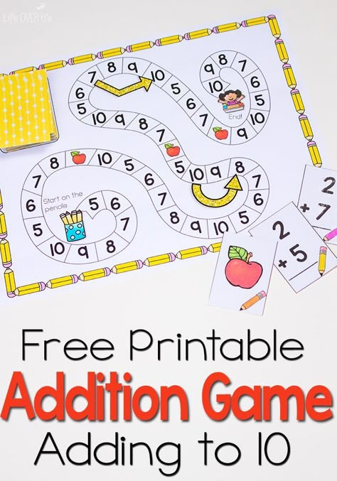 This free printable addition game is a great way to practice adding to 10! Math Game Board, Addition To 10 Games, Math Board Games Kindergarten, Addition Board Game, Adding Games, Addition Facts Games, Adding To 10, Time Kindergarten, Learning Addition