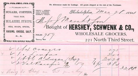 Billhead for Hershey, Schwenk & Co., Wholesale Grocers. 221 North 3rd Street, Philadelphia, Pa. March 28th, 1884. January 9th, Philadelphia Pa, Victorian Era, Philadelphia