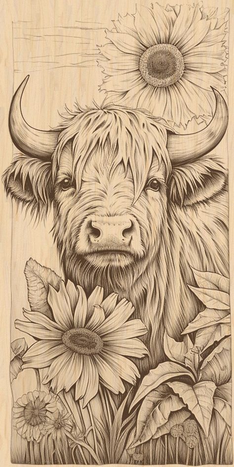 3d Illusion Highland Cow With Sunflowers for Laser Please Read Description Laser Ready - Etsy UK Highland Cow Tattoo Design, Highland Cow Template, How To Paint A Highland Cow, How To Draw A Highland Cow, Highland Cow Drawing, Highland Cow Watercolour, Highlander Cows, Highland Cow Tattoo, Coloured Pencil Drawings