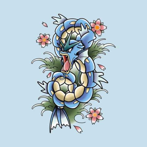 Gyarados Tattoo Design - Michael Baker Gyarados Pokemon Tattoo, Traditional Tattoo Pokemon, Gyarados Pokemon Art, Pokemon American Traditional Tattoo, Gyrados Pokemon Art, Pokemon Traditional Tattoo, Gyrados Pokemon Tattoo, Traditional Pokemon Tattoo, Pokémon Sleeve