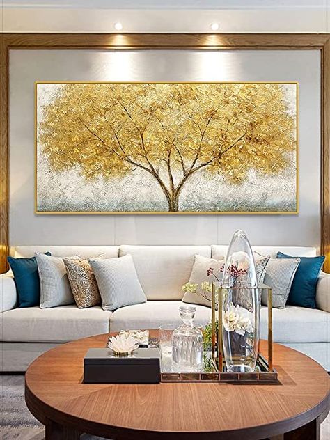 1bhk Apartment, Room Colour Schemes, Living Room Colour Schemes, Living Room Colour, Ocean Waves Painting, Gold Abstract Painting, Gold Wall Decor, Tree Of Life Art, Golden Tree