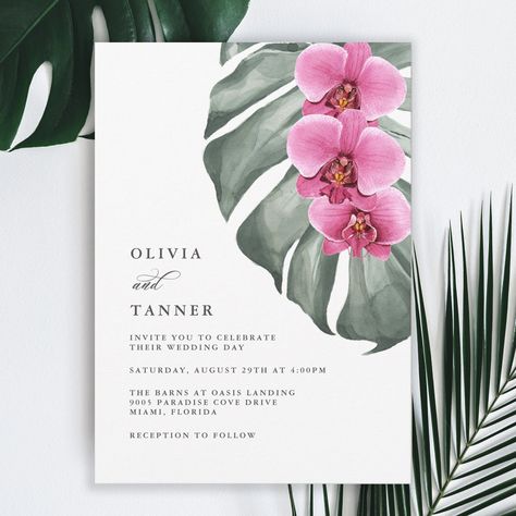 Hot Pink Orchids on Monstera Tropical Wedding Invitation Wedding Invitations Beach, Watercolor Orchids, Watercolor Romantic, Popular Wedding Invitations, Wedding Hawaii, Wedding Announcement Cards, Wreath Wedding Invitations, Tropical Wedding Invitations, Pink Wedding Invitations