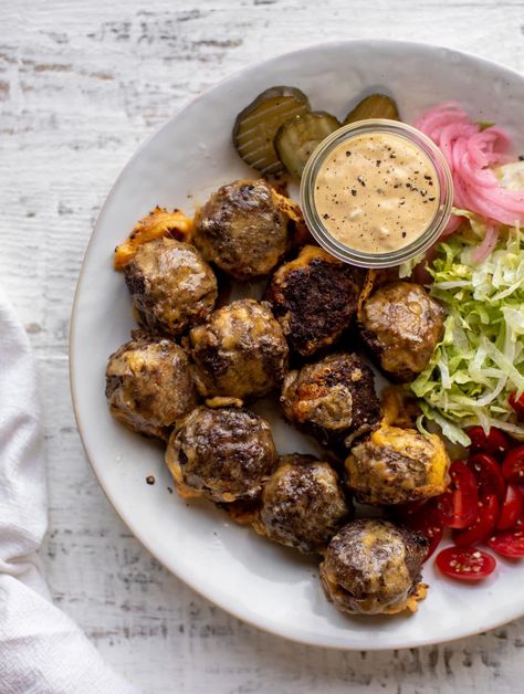 Cheeseburger Meatballs, Cheese Stuffed Meatballs, Special Sauce, Pregnancy Food, Pickled Onions, Chopped Salad, Meatball Recipes, Sweet Potato Fries, Almond Recipes