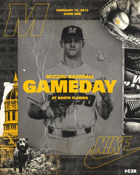 This Missouri Baseball graphic was posted to provide information on that day's game. Baseball Graphics Design, Baseball Design Poster, Sport Posters Design, Game Day Graphics Design, Sport Graphic Design Inspiration, Baseball Game Day Graphics, Baseball Graphic Design Poster, Game Day Sports Graphics, Sports Graphics Design