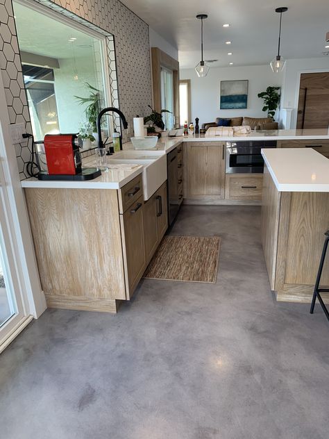 C&N Decorative Concrete Concrete Floors Bathroom Ideas, Cement Floor Kitchen Ideas, Colored Concrete Floors Interior Design, Finished Cement Floors, Concrete Floor Bathroom Ideas, Painted Concrete Bathroom Floor, Indoor Cement Floor Ideas, Stamped Concrete Kitchen Floor, Concrete Kitchen Flooring