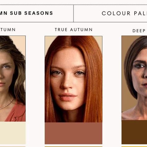 Online Personal Stylist & Color analysis on Instagram: "AUTUMN SUB SEAONS ⬇️  Which SUB season are you in?  True Autumn: This sub-season features warm and earthy tones like rich browns, warm reds, and golden yellows.   Deep Autumn: Deep autumns have a richer and deeper color palette, including dark chocolate browns, deep burgundies, and olive greens.  Soft Autumn: Soft autumns have a muted and softer color palette. Colors like peach, olive, and warm taupe are common.  Visit my website to learn your best colours! @imageconsultantmaidenhead" Palette Hair Color, Autumn Deep, Autumn Soft, True Autumn, Warm Taupe, Colour Consultant, Deep Autumn, Instagram Autumn, Dark Chocolate Brown