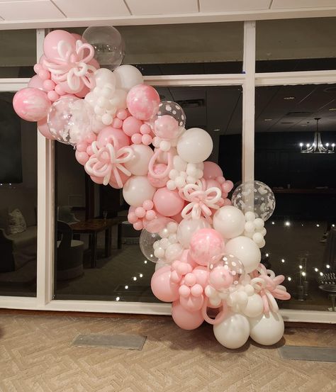 Pink Winter Wonderland Balloon Garland, Pink Quinceanera Ideas Decoration, Pink Themed 18th Birthday Party, Coquette Balloon Garland, Pink 21 Birthday Party, Pink Sweet 16 Theme Ideas, White And Pink Baby Shower Ideas, Baby Pink Party Decorations, Pretty And Pink Birthday Party