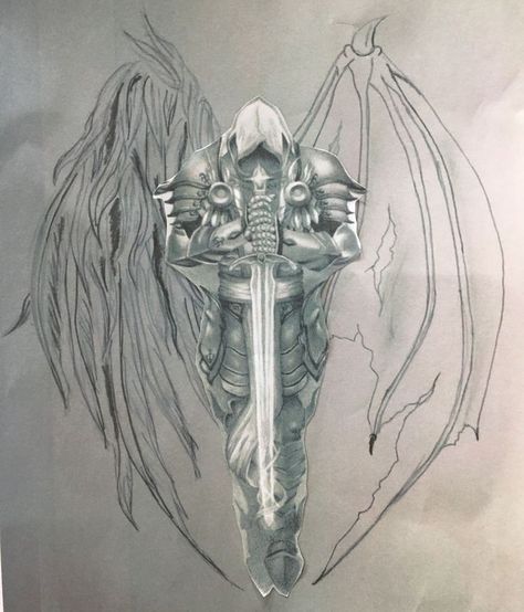 Angel Warrior Tattoo, Sketches Design, Archangel Tattoo, Knight Tattoo, Demon Tattoo, Warrior Tattoos, Angel Tattoo Designs, Geniale Tattoos, Sketch Tattoo Design