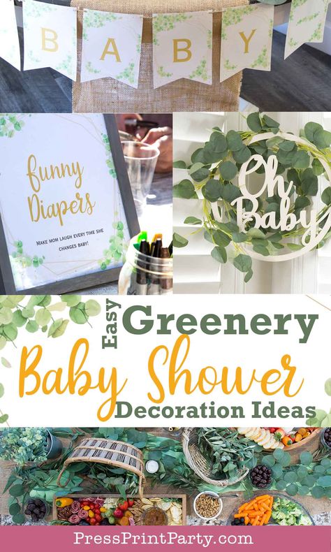 Greenery Baby Shower Decor Ideas with Eucalyptus and Printables - Get Inspired by this fun baby shower perfect for a boy or a girl or when you don't know the gender (gender neutral). Find the greenery baby shower invitation, the baby shower decorations, and where to get them as well as some fun baby shower activities that are not games. Plenty of eucalyptus baby shower decor for inspiration and how to do it. As well as tips on planning the best baby shower - Press Print Party! Baby Shower Botanical Theme, Greenery Baby Shower Ideas Centerpieces, Simple Baby Shower Centerpieces For Boys, Ivy Baby Shower Ideas, Baby Shower Eucalyptus Theme, Plant Theme Baby Shower Ideas, Botanical Baby Shower Decor, Baby Shower Greenery Theme Boy, Eucalyptus Baby Shower Ideas