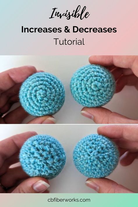 If you're finding a bunch of gaps in your stitches when you make amigurumi, here's an easy way to close them up! Check out how to do invisible increases and decreases on cbfiberworks.com! How To Invisible Decrease Crochet, Invisible Increase Crochet, Increase And Decrease In Crochet, Invisible Decrease Crochet, Invisible Stitch, Crochet Ball, Crochet Decrease, Stitch Tutorial, Amigurumi Tutorial