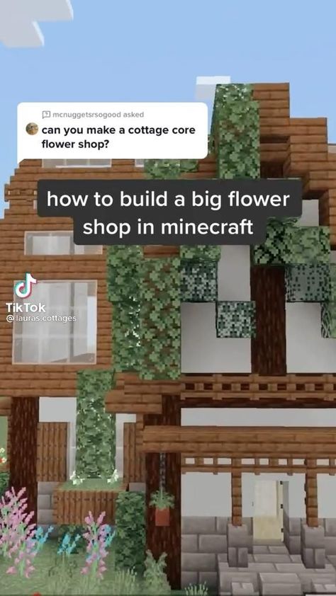 Minecraft House Designs Cottage, Cute Minecraft Shop Builds, Mincraft Idea Cottage, Cute Cottages Minecraft, Mincraft Idea Houses Cute Cottage, Cute Minecraft Flower Shop, Cute Village Houses Minecraft, Mc House Ideas Tutorial, Minecraft Building Ideas Flower Shop