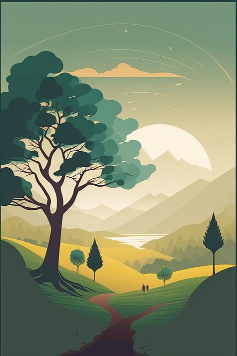 Big Tree Painting, Digital Art Scenery, Vector Landscape Illustration, Simple Digital Art, Easy Landscape Paintings, Garden Mural, Big Wall Art, تصميم للمنزل العصري, Pop Art Wallpaper