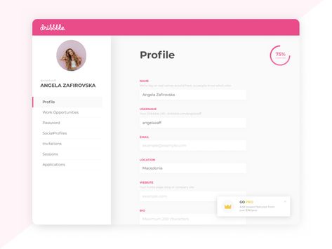 Dribbble settings page dashboard user interface profile notification form settings dribbble daily ui User Profile Web Design, Web Design Profile, Web Profile Design, Profile Page Web Design, Profile Ui Web, User Profile Ui Design, Profile Page Ui, Profile Page Design, Profile Web Design