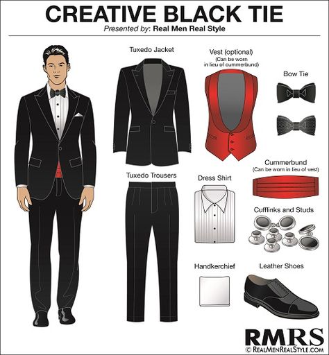 How do you build a wardrobe?  Have you walked into a store and been overwhelmed at the options that are available?  Or maybe you look in your closet and you want to know if you have everything you need? How can you tell if your wardrobe is good?  In the spirit of maximizing time, let's quickly Creative Black Tie Men, Black Tie Creative, Mens Prom Outfit, Black Tie Men, Dress Code Guide, Creative Black Tie, White Tie Dress, Ultra Casual, Prom For Guys