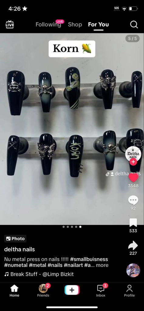 Deftones Nails Ideas, Deftones Inspired Nails, Metal Head Nails, Korn Nail Ideas, Korn Band Nails, Korn Nail Art, Korn Nail, Rock Band Nails, Guitarist Nails