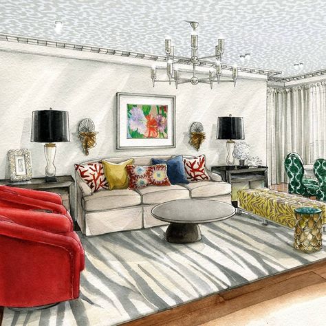 Living Room by Julia Smolkina Interior Design Renderings, Drawing Interior, Interior Architecture Drawing, Interior Design Drawings, Interior Design Sketches, Architecture Design Sketch, Interior Sketch, Interior Illustration, Interior Rendering