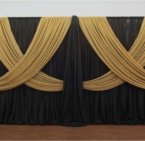 Gold And Purple Photo Backdrop, Black And Gold Draping Backdrop, Curtain Backdrop Photoshoot, Draping Techniques Decor, Stage Curtains Backdrop, Stage Set Design Backdrops, Black And Gold Backdrop Ideas, Simple Backdrop Decorations, Corporate Event Backdrop