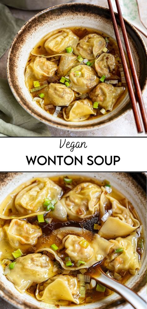 Making Wonton Soup at home is much easier than you probably think. Get some wonton wrappers, and fresh veggies, and let's get cooking! Our Vegan Wonton Soup is made with an easy but delicious broth that you can cook in 5 minutes. Veg Wonton Soup Recipe, Cabbage Wonton Soup, Vegan Wedding Soup, Vegan Gf Soup, Vegetarian Wonton Soup, Homemade Wonton Soup Recipe, Vegan Wonton Soup, Comfort Food Vegan, Dumpling Vegetarian