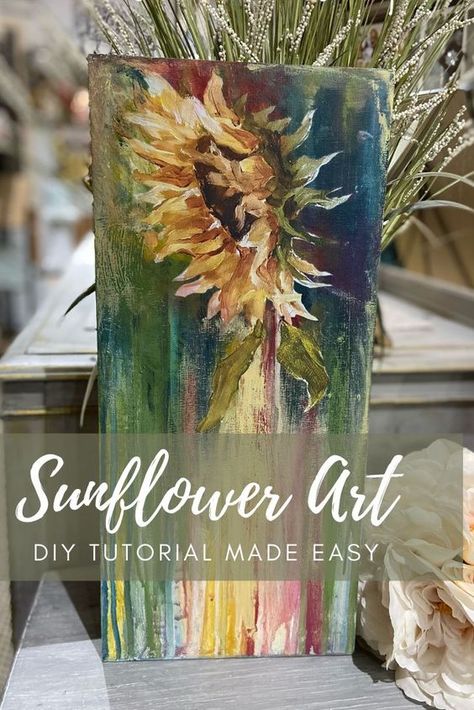 Sunflower Mould Ideas, Sweeties Creations And Decor, Sunflowers Painted On Furniture, Boho Sunflower Painting, Boho Acrylic Painting Tutorials, Sunflower Art Ideas, How To Paint Flowers On Wood, Hand Painted Flowers On Furniture, Diy Boho Painting