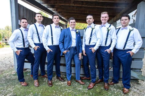 Navy Blue Pants With Suspenders, Blue Groomsmen Attire, Wedding Suspenders Groomsmen, Groom In Suit, Mismatched Groomsmen, Navy Groomsmen, Navy Blue Suspenders, Groomsmen Outfit, Rustic Wedding Groomsmen