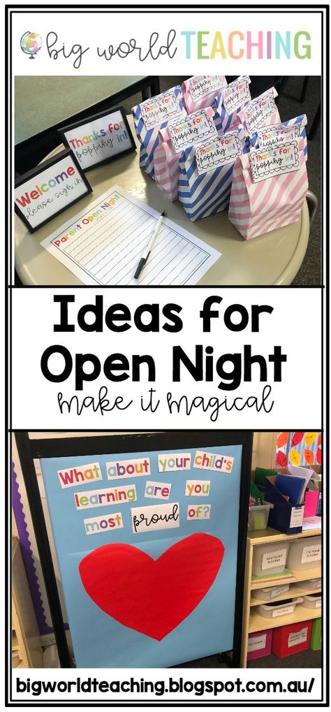 Big World Teaching: Ideas for an Open Night (Open House)! Open House Ideas For Special Ed Teachers, Parent Night Ideas For Teachers, Open House Kindergarten, Preschool Orientation, Parent Open House, Open House Gifts, Open House Activities, Open House Gift, Open House Ideas