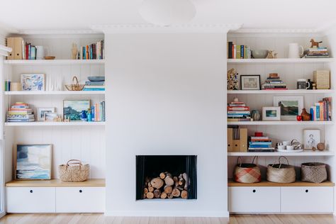 Living room fireplace, built in joinery with book shelves and drawers, floating shelves, shelf styling, melbourne interior design Traditional Floor Plans, Shelves Around Fireplace, Bookshelves Around Fireplace, Melbourne Interior, Architecture Traditional, Fireplace Bookshelves, Living Room Fireplace, High Ceiling Living Room, Built In Shelves Living Room