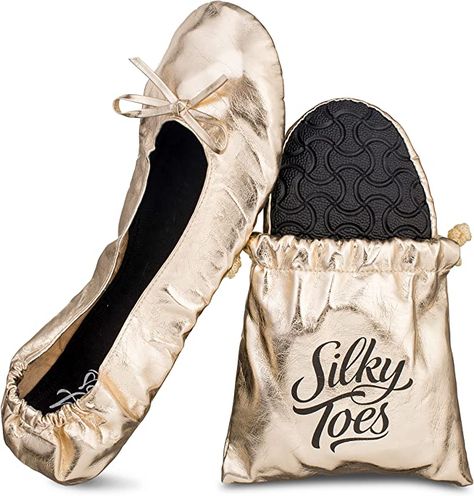 Amazon.com | Silky Toes Women's Foldable Portable Travel Ballet Flat Roll Up Slipper Shoes with Matching Carrying Pouch (Extra Large, Gold) | Flats Tinkerbell Shoes, Holiday Slippers, Foldable Flats, Foldable Shoes, Ballerina Slippers, Comfortable Slippers, Light Weight Shoes, Ballet Slippers, Comfortable Flats