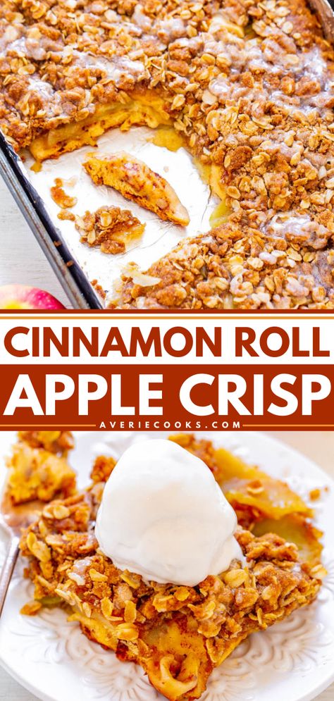 Cinnamon Roll Apple Bake (Quick & Easy!) - Averie Cooks Cinnamon Roll Apple Bake, Crunchy Oatmeal, Apple Bake, Apple Crisp Dessert, Oatmeal Crumble, Christmas Brunch Recipes, Baked Apple Recipes, Cinnamon Roll Bake, Apple Crisp Easy