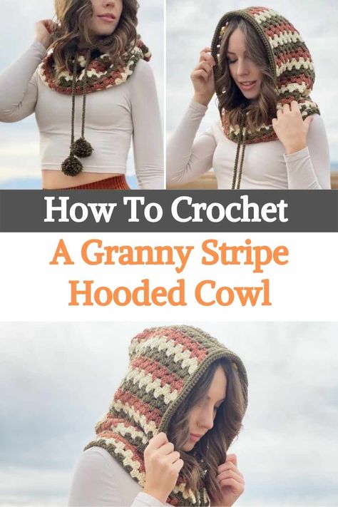 Granny Stripe Stitch, Hooded Cowl Crochet Pattern, Granny Stripe Crochet, Crochet Hooded Cowl, Hooded Scarf Pattern, Crochet Granny Stitch, Beanie Pattern Free, Crochet Beanie Pattern Free, Crochet Cowl Free Pattern