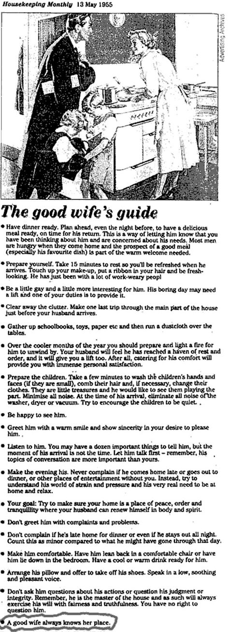 Teach Me Genealogy: The Good Wife's Guide - May 13, 1955 - Housekeeping Monthly 1950 Housewife, The Good Wife's Guide, Mode Retro, Old Ads, Good Wife, Vintage Magazine, Married Life, Vintage Ads, Vintage Advertisements