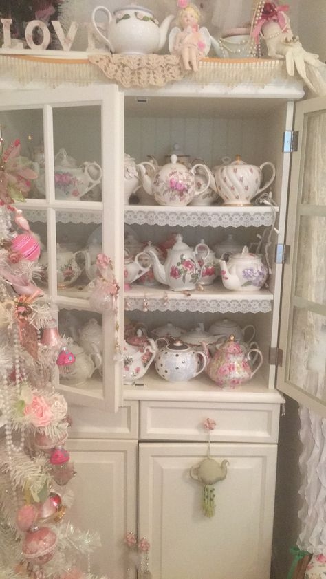 China Cabinet Aesthetic, Pink China Cabinet, Coquette Board, White China Cabinet, White China Cabinets, Pink House Interior, Soft Academia, Dish Cabinet, Tea Cup Display