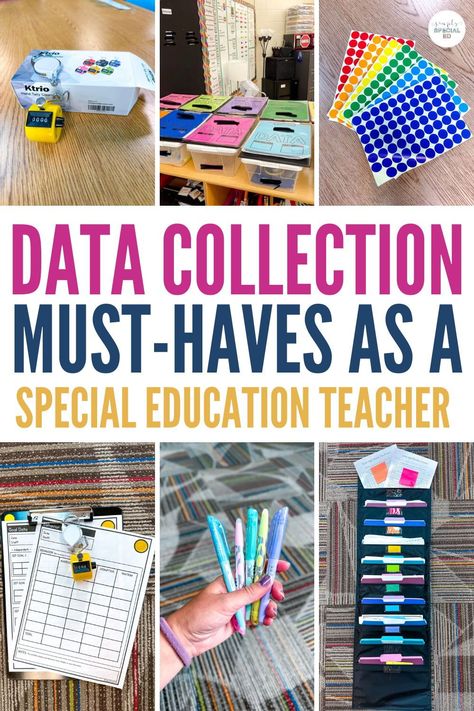 Data collection is essential for special education teachers. When building IEP goals, it is important to have data collection for special education students. I’m sharing my best teacher tips that are must haves for data collection. IEP goal bins, color coded folders, clipboards, and sticker dots help me stay organized. Data collection sheets help track the information. Timers, stopwatches, and highlighters are just some of the teacher school supplies to have. Learn more today! Special Education Supplies, Iep Data Collection Organization, Early Childhood Special Education Classroom Setup, Sped Teacher Organization, Iep Goal Bins, Special Education Bulletin Boards, Slp Crafts, Iep Data Collection, Special Education Classroom Organization