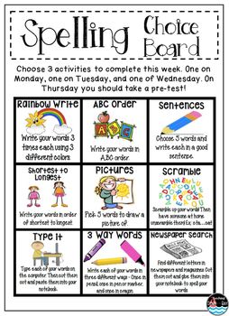 Spelling Choice Board Spelling Choice Boards 2nd Grade, Fun Ways To Learn Spelling Words, Spelling Choice Board, Spelling Word Activities, Spelling Word Practice, Spelling Homework, First Grade Words, 2nd Grade Spelling, Last Day Of School Sign