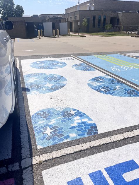 Blue And White Parking Spot, Blue Parking Spot Ideas, Senior Parking Spot Disco Ball, Beach Theme Senior Parking Spot, Senior Parking Spaces Friends, Mamma Mia Parking Spot Painting, Senior Parking Spaces Girly, Senior Parking Spaces Aesthetic, Disco Ball Senior Parking Spot