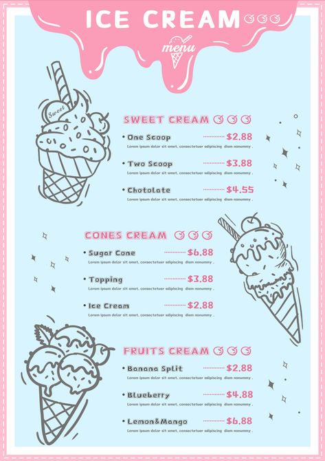 Cute Ice Cream Shop, Amul Ice Cream, Frosty Ice Cream, Japanese Sandwich, Walls Ice Cream, Ice Cream Background, Menu Board Design, Blue Menu, Cream Poster