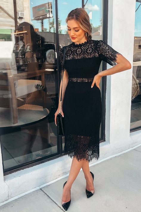 Black Lace Dress Outfit Wedding Guest, One Shoulder Black Dress Outfit, Formal Dress For A Wedding Guest Classy, Black Midi Dress Wedding, Midi Lace Dress Classy, Black Dress Fall Wedding Guest, Black Dress Wedding Guest Fall, Knee Length Black Dress Outfit, Black Formal Outfits Women Dresses