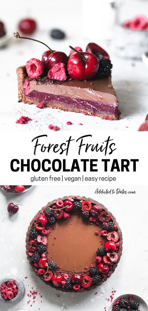 Chocolate Based Desserts, Tart Cherry Desserts, Dairy Free Chocolate Tart, Gluten Free Fruit Tart Recipes, Cherry And Chocolate Desserts, Gluten Free Berry Desserts, Vegan Gluten Free Tart, Chocolate Fruit Tart, Chocolate Fruit Desserts