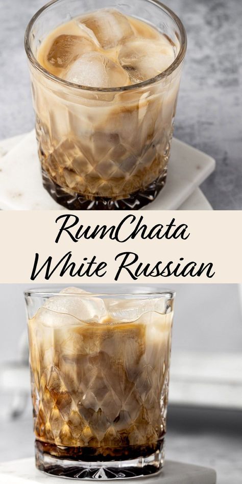 This creamy RumChata White Russian is an easy, 4 ingredient cocktail. Cinnamon and vanilla based RumChata, milk, vodka and kahlua. This makes the perfect after dinner or holiday cocktail. Cinnamon White Russian, Warm White Russian Recipe, Cinnamon Vanilla White Russian, Rum Chata White Russian, Dirty White Russian Recipe, Baileys White Russian, Vanilla Liqueur Cocktails, Rum Chata Cocktails, Homemade Rumchata Recipes