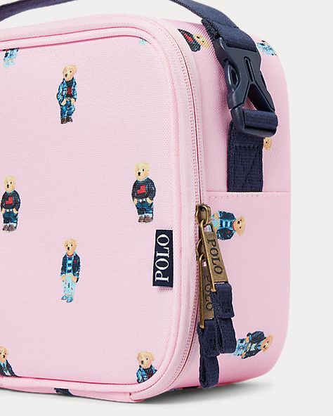 Polo Bear Lunch Tote Polo School Bags, Cute Pink Lunch Bag For Back To School, Rectangular Pink Lunch Bag For School, Pink Portable Lunch Bag For School, Cute Pink Lunch Bag For Playtime, Baby Girl Accessories, Polo Bear, Baby G, Lunch Tote