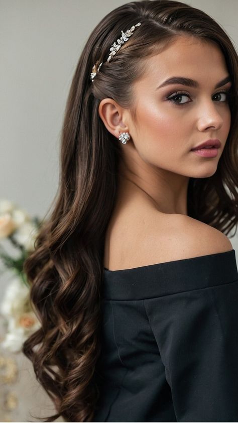 Bridal Hair Down Accessories, One Side Part Hairstyle, Pageant Hair Straight Hairstyles, Hair For Elegant Dress, Casual Prom Hairstyles, Hair For Long Dress, Hair On One Side Style, Hair On The Side Hairstyles, Prom Hair Styles Medium Hair