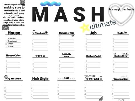 I revamped the old MASH game! Free Sleepover Games, Sleepover Games On Paper, Mash Game Categories, Mash Game Template, How To Play Mash The Game, Mash Game How To Play, Games To Make With Friends, How To Play Mash, Mash The Game