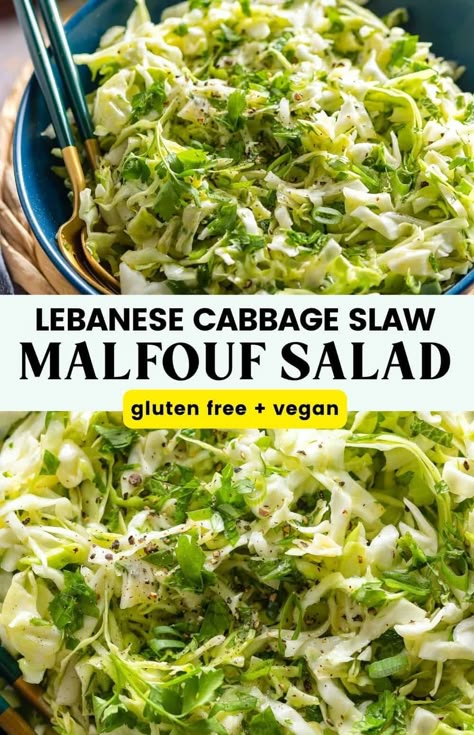 Fresh, crunchy and vibrant - this Malfouf Salad (salatet malfouf)packs in a bright and poppy punch of flavor in a the form of a simple side salad! It's made with crunchy cabbage, sliced spring onions and fresh herbs that are mixed together then tossed in a peppy lemon garlic dressing. Gluten Free Mediterranean Recipes, Gluten Free Mediterranean, Easy Lunch Prep, Gluten Free Summer Recipes, Lemon Garlic Dressing, Simple Side Salad, Paleo Low Fodmap, Garlic Vinaigrette, Filling Salads