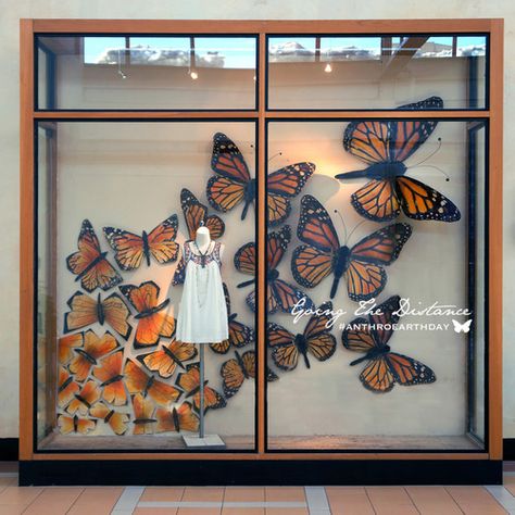 Every April, the windows of our stores become more than a showcase for artful installations—they become a platform for our Earth Day efforts, a means to raise awareness of causes near and dear to our hearts. This year is no different, as we pay tribute to the monarch butterfly, whose annual migration—one of nature’s greatest … Anthropologie Display, Spring Window Display, Fashion Window Display, Vitrine Design, Window Display Retail, Visual Merchandising Displays, Store Window Displays, Window Display Design, Spring Window