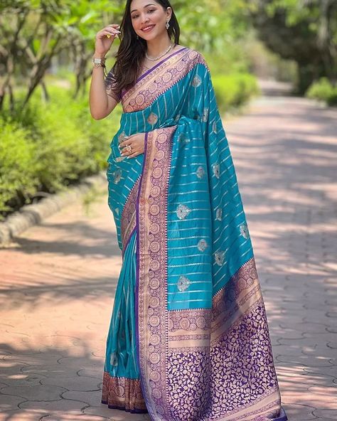 Dm for order whatsup 8309874411 or Dm to @hansicollections inbox *🆕HIT CATALOG🆕* Soft Silk Saree with rose gold motifs all over the body having contrast rich woven Pallu, floral zari unique contrast border and paired with Brocade Blouse same as shown. *ONLY ORIGINAL QUALITY!!!* Fabric : Soft Silk Technique for Work : Zari Weaving Blouse : Same as Shown (Unstitched) Length : 5.5 Meter, 0.80 Meter Blouse (Unstitched) Width : 44 inch (approximate) Wash Care : First Wash Dry Clean (Steam... Broad Border Saree, Sea Blue Color, Blue Silk Saree, Kerala Saree, Border Saree, Brocade Blouses, Half Sleeve Blouse, Cyan Blue, Buy Sarees Online