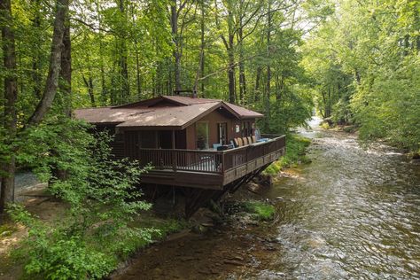 Cabin By A River, Cabin By River, Virgin River Cabin, Unique Gates, House On River, Cabin Essentials, Cabin By The River, Riverfront Cabin, House Near River