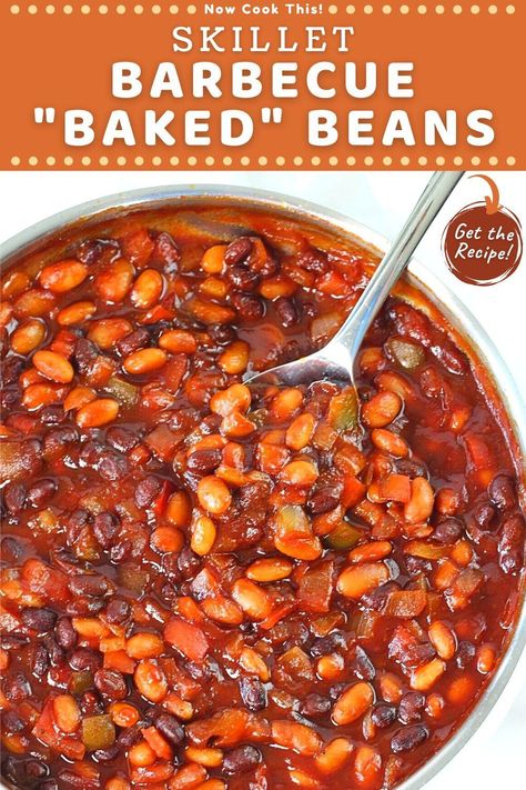 These quick and easy skillet baked beans are cooked on the stove top rather than in the oven. A combination of black beans and pinto beans are simmered in a sweet and tangy homemade barbecue sauce with a hint of smokiness and a little spicy heat (optional). They're packed with flavor, ready in just 30 minutes, and a must-have summer picnic side dish! Get the recipe and give them a try! Bbq Pinto Beans Recipe, Stove Top Baked Beans Recipe, Picnic Side Dishes, Easy Baked Beans, Bbq Baked Beans, Pinto Bean Recipes, Bbq Beans, Homemade Barbecue, Homemade Baked Beans