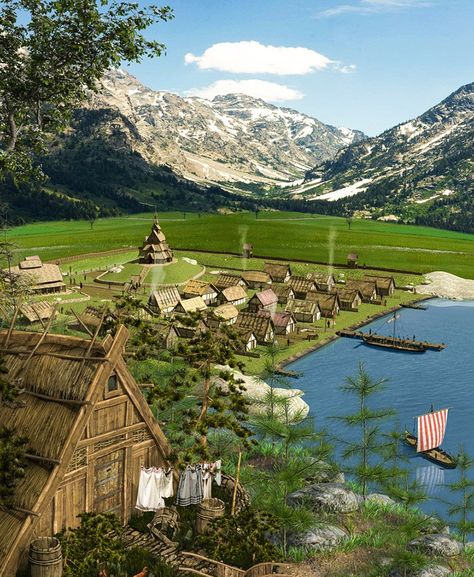 A 3D render of a historic Viking settlement in Norway Norse Village, Medieval Norway, Viking Town, Viking Settlement, Casa Viking, Medieval Towns, Historical Viking, Viking Village, Fantasy Town